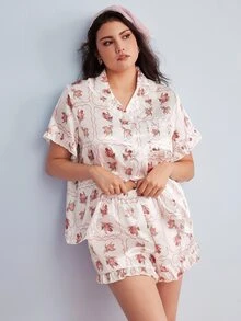 Elorette 大尺碼花卉印花上衣與短褲睡衣套裝 - 白色 - 查看 6