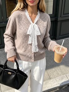 SHEIN PariChic Autumn/Winter Fashion Floral Lace Trim Round Neck Cardigan Long Sleeve Sweater - Khaki - View 2