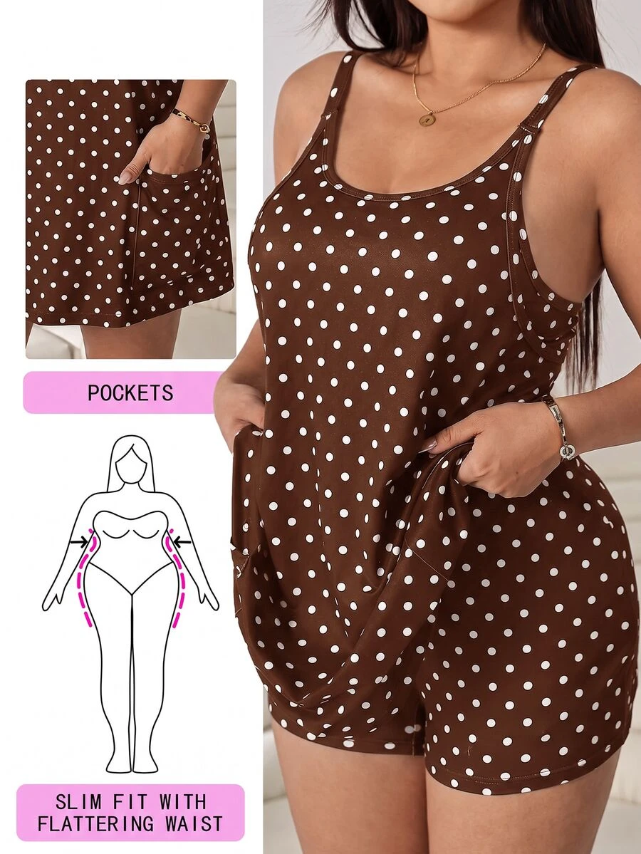 Solflare Brown Plus Size Women's Polka Dot Print Spaghetti Strap Dress With Pockets Vacation Summer 1920 Vintage Casual - Brown - View 1