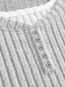 SHEIN Camiseta de manga larga gris con patchwork y acanalado para niña preadolescente - Gris - Ver 3