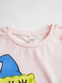 SpongeBob SquarePants | SHEIN Young Girl Cartoon Print Short Sleeve T-Shirt And Shorts Loungewear Set - Multicolor - View 3