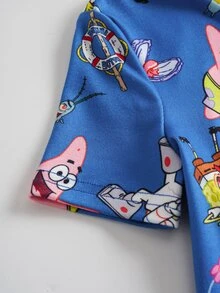 SpongeBob SquarePants | SHEIN 小男孩卡通印花短袖上衣與內搭褲家居服套裝 - 藍色 - 查看 5