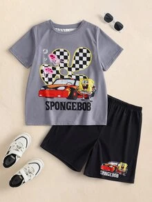 SpongeBob SquarePants | SHEIN 2pcs/Set Fun Casual Style Tween Boy Crew Neck Short Sleeve T-Shirt & Shorts Comfortable Two Pieces Set - Multicolor - View 1