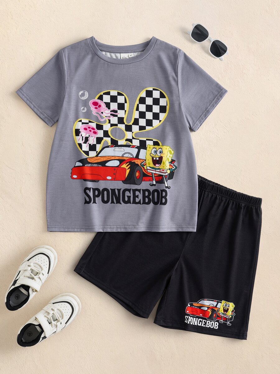 SpongeBob SquarePants | SHEIN 2pcs/Set Fun Casual Style Tween Boy Crew Neck Short Sleeve T-Shirt & Shorts Comfortable Two Pieces Set - Multicolor - View 1