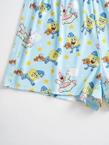 SpongeBob SquarePants | SHEIN Plus Size Cartoon Print Top & Shorts Pajama Set - Baby Blue - View 7