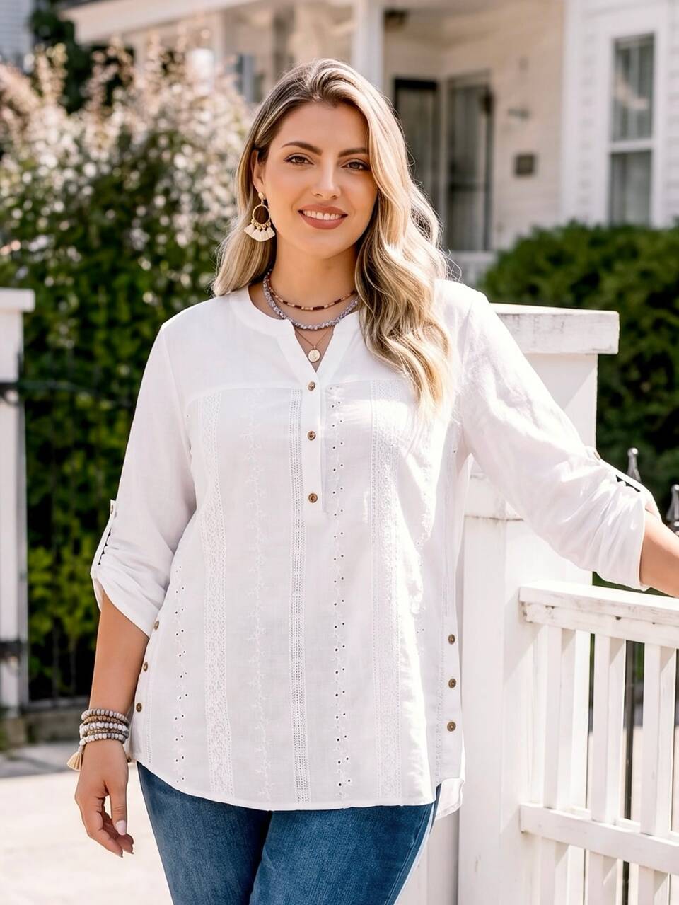Plus Size Women's Autumn/Winter Casual Vacation Country Solid White Long Sleeve Button-Up Embroidered Patchwork Blouse Shirt Top,Fall,Going Out