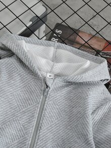 SHEIN Boys Casual Sports Jacket: Textured Jacquard Pattern Full Zip Hooded Sweatshirt With Slanted Pockets, Solid Gray Long Sleeve - Grey - View 7