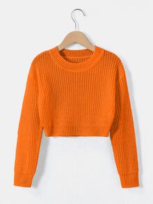 SHEIN Tween Girl Solid Color Crew Neck Long Sleeve Casual Sweater - Orange - View 5