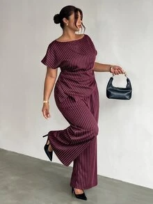 Firerie Plus Size Fashion Commuter Striped Shirt & Pants Suit Set - Red Violet - View 5