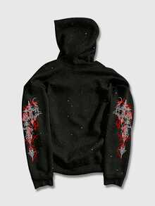 ROMWE MEN Men's Angel Print Long Sleeve Zip-Up Hoodie With Drawstring - Black - View 4
