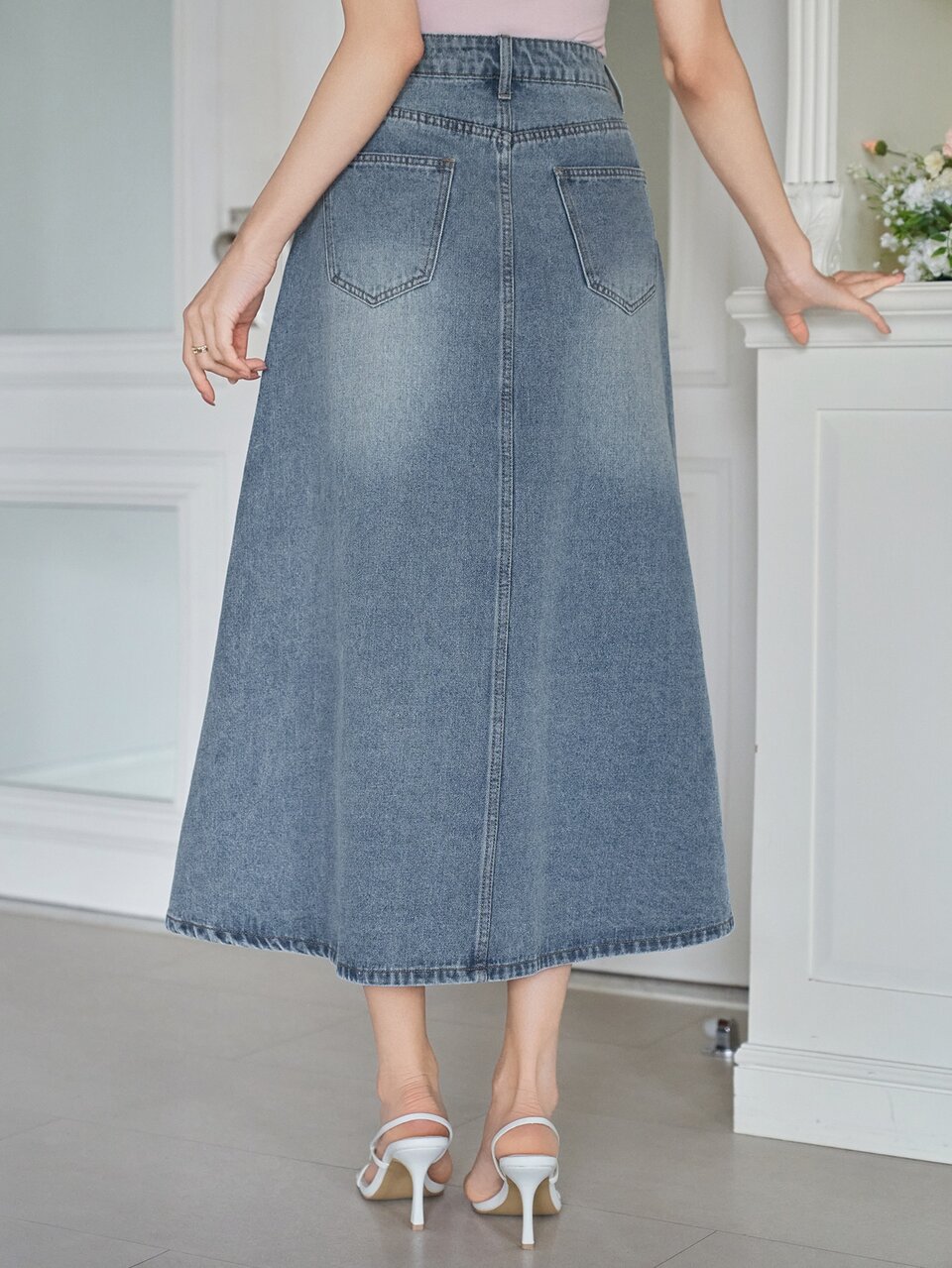 Women's Elegant A-Line Button Denim Skirt Fall