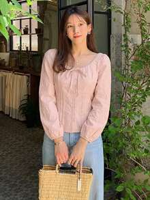 Dazy Tall Women's Large Scoop Neck Long Sleeve Casual Pink Blouse Vacation - Pink - View 4