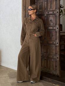 DAZY Women's Casual Brown Denim Jumpsuit Long Sleeve Tops - Brown - View 1