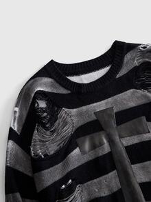 ROMWE MEN Men's Heavy-Duty Dark Gothic Streetwear Striped Distressed Spray-Painted Patchwork Leather Sweater - Black and White - View 2