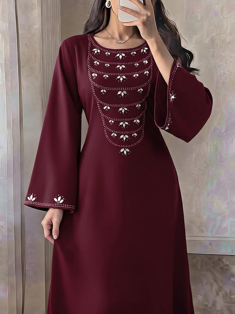 Yasmyna 女款優雅水鑽裝飾喇叭袖洋裝 - 酒紅色 - 查看 1