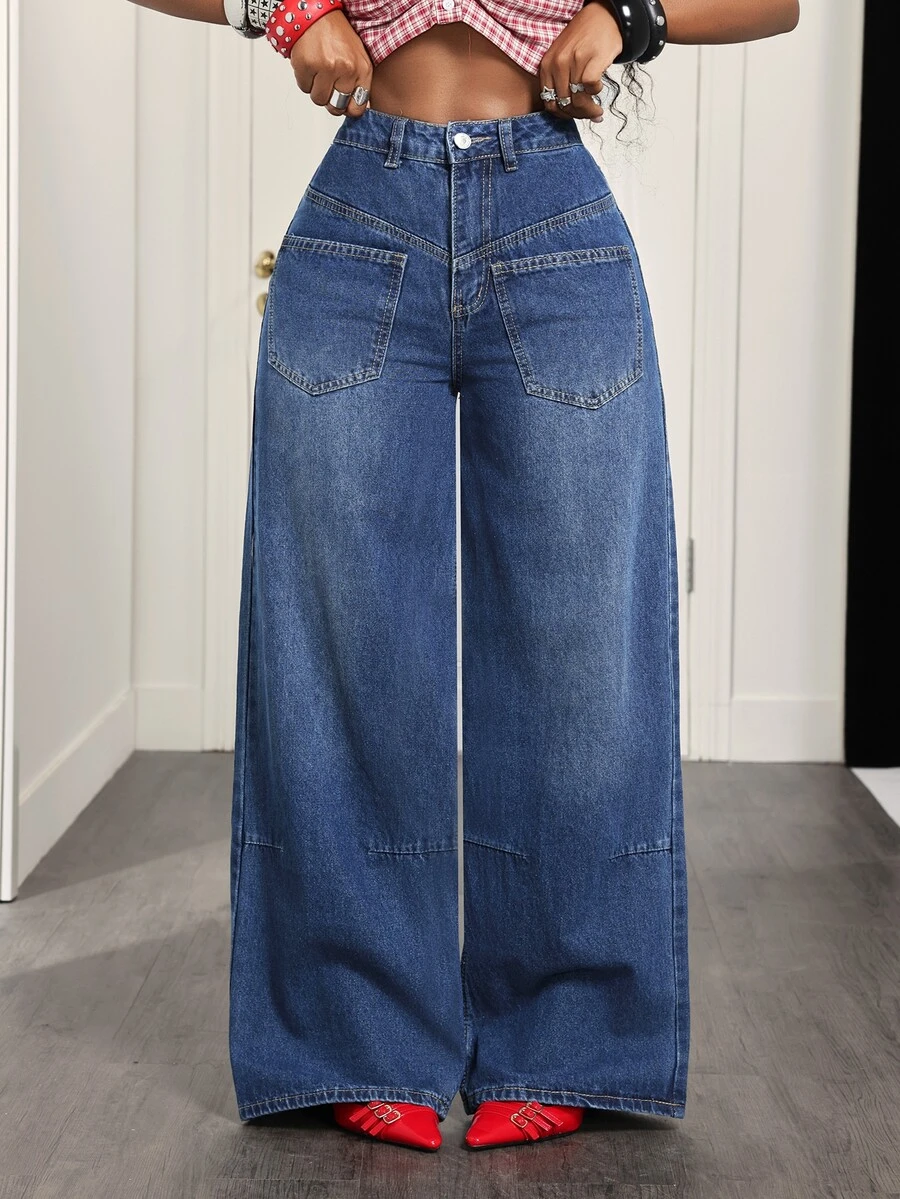 Slaydiva Women's Casual Versatile Daily Denim Straight Leg Pants With Pockets And Buttons - Dark Wash - View 1