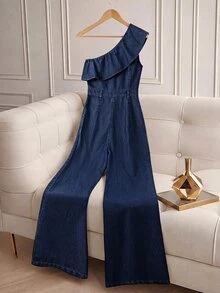 GlowEve Women's Patchwork Ruffle One Shoulder Sleeveless Fashion Denim Jumpsuit - Blue - View 3