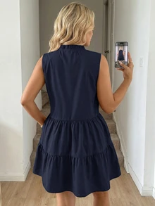 Easowa Curve Plus Size Summer Casual Solid Color Sleeveless Dress - Navy Blue - View 3