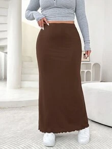 Solflare Plus Size Women's Solid Color Casual Versatile Daily Wear Skirt Fall - Brown - View 3