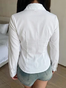 青少年女孩白色修身圓弧下擺紋理條紋校服襯衫，百搭百搭青年襯衫，適合青少年 - 白色 - 查看 2