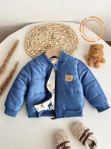 Souflis Souflis 男嬰幼兒 0-3 歲可正反穿厚實絎縫摩托飛行夾克，卡通藍熊拉鍊夾克，秋冬可愛男嬰熊棒球夾克 - 藍色 - 查看 6