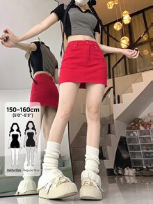 Selenza Petite 女款休閒百搭牛仔中長裙，附口袋 - 紅色 - 查看 3
