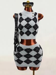 Mistrie Vintage British Style Argyle Knit Set, Half-High Neck Asymmetrical Button Sleeveless Vest & Fitted Bodycon Skirt 2 Pieces Set - Grey - View 2
