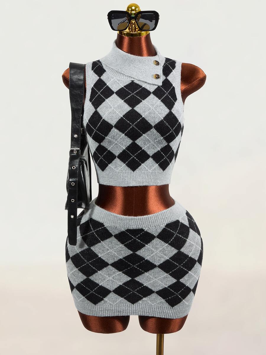 Mistrie Vintage British Style Argyle Knit Set, Half-High Neck Asymmetrical Button Sleeveless Vest & Fitted Bodycon Skirt 2 Pieces Set
