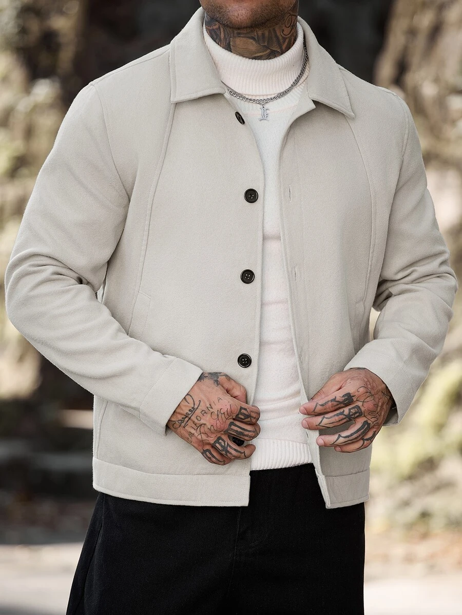 Manfinity Homme Men's Casual Fashion Loose Long Sleeve Woolen Jacket, Essential For Outings, Perfect Gift For Family And Friends - Apricot - View 1