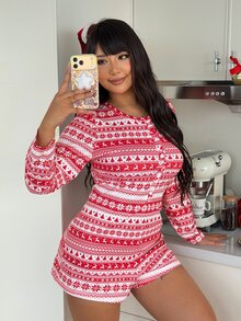 ZzzCrew Plus Size Women's Christmas Print Long Sleeve Short Jumpsuit Pajamas - Multicolor - View 5