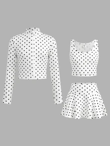 SHEIN 青少年女孩黑白波點印花3件套運動休閒服，百搭舒適 - 黑與白 - 查看 12