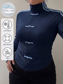 Muchica Navy Blue Casual Women's Plus Size Jacket With Frog Button Design And Zipper Front Fall - Navy Blue - View 2