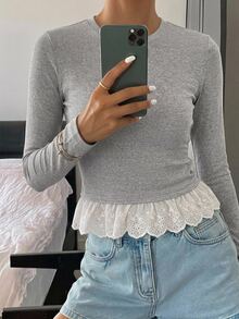 DAZY 女款純色修身圓領短袖拼接蕾絲休閒夏季上衣T恤 - 灰色 - 查看 3