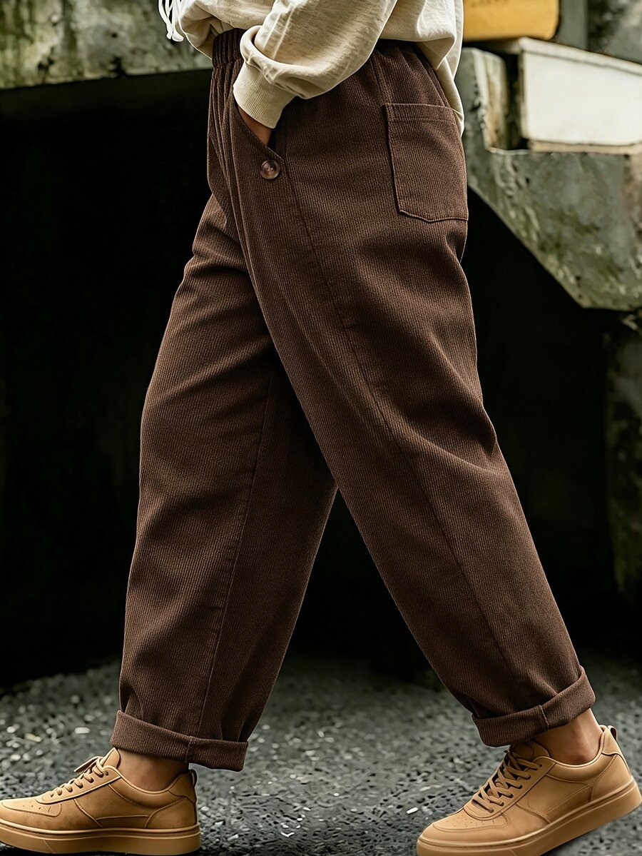 Linhara CURVE New Corduroy Fabric Plus Size Casual Commuter Long Pants With Pockets, Suitable For Spring, Summer, Autumn And Winter - Brown - View 1