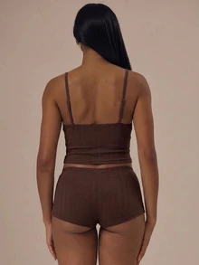 MUSERA Pointelle Triangle Adjustable Strap Cami Top With Picot Trim Fitted Boy Shorts Two Pieces Set Lingerie Evening Everyday Summer - Brown - View 4