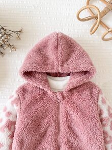 SHEIN Baby Girl Casual Solid Color Cute Heart Pattern Fuzzy Hooded Winter Jacket - Multicolor - View 3