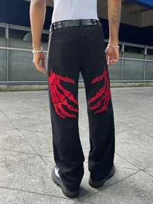 Manfinity EMRG Men Y2K Black Denim Pants Skeleton Palm Embroidery Design Loose Fit Bootcut Jeans Hip Hop Goth Casu - Black - View 6