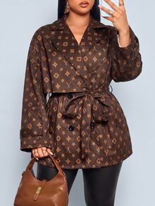 SOLERSUN Plus Size Women's Brown Letter Print Belted Silhouette Double-Breasted Tie-Front Trench Coat - Brown - View 2