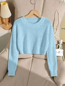SHEIN Tween Girl Autumn Casual Solid Color Cropped Sweater - Baby Blue - View 1