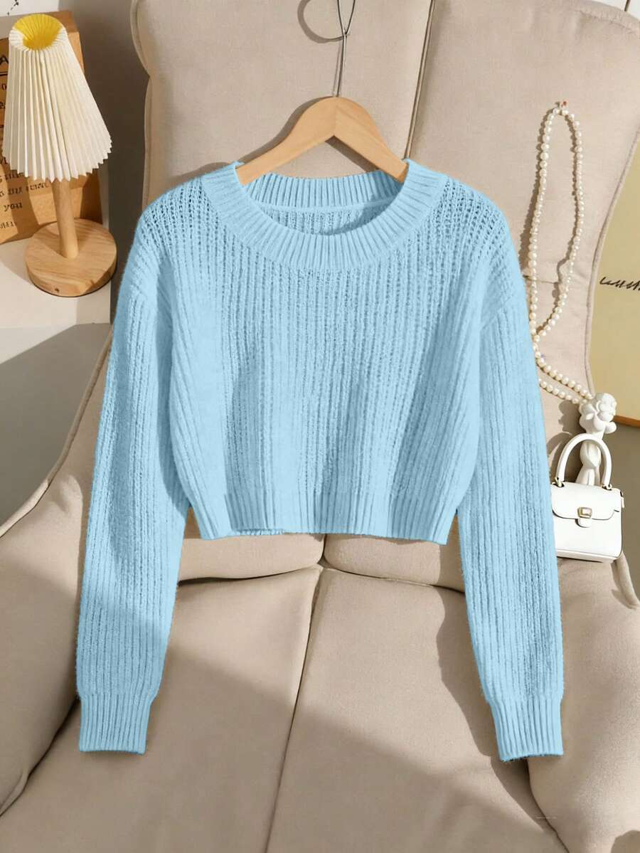 SHEIN Tween Girl Autumn Casual Solid Color Cropped Sweater - Baby Blue - View 1