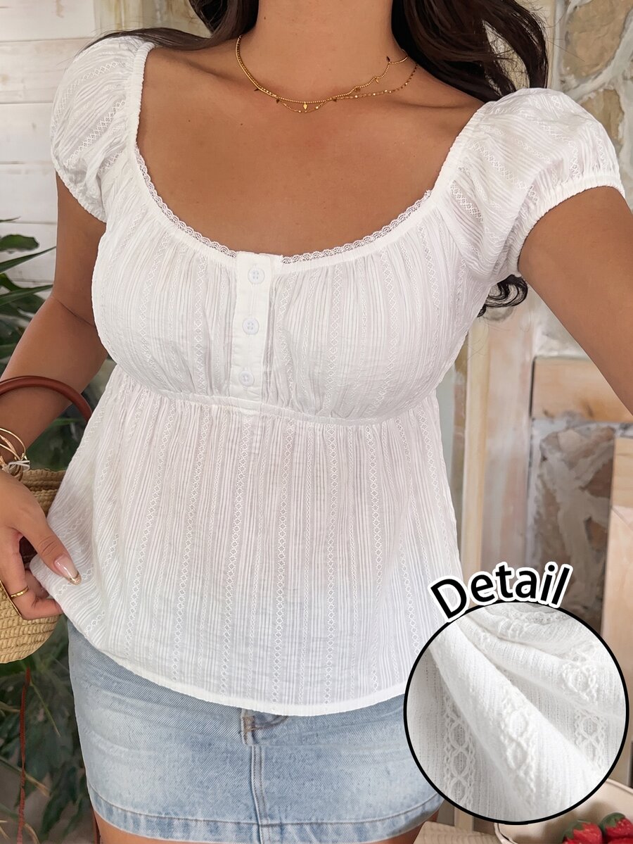 SHEIN EZwear 100%純棉梭織提花女款襯衫，適合春季/夏季與初秋 - 白色 - 查看 1