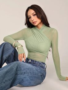 SHEIN PETITE 女款性感純色網紗包覆式連身衣，透視長袖 - 薄荷綠 - 查看 4