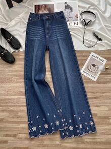 GlowEve CURVE Plus Size Women's Floral Embroidered Pocket Wide Leg Casual 1960s 1920 Vintage Denim Jeans Formal Blue And White Fall Graduation Going Out - Dark Wash - View 1