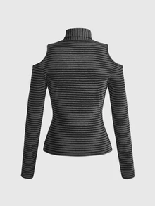 ROMWE Grunge Punk Punk Black & Grey Striped Knit Eye Print Casual Women's T-Shirt - Dark Grey - View 2