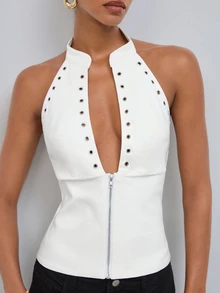 Maija Women's Sexy Zipper Halter Neck Sleeveless Top,Going Out Outfis,Fall Clothes - White - View 3