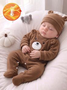 Set Pakaian Rumah Bayi Baru Lahir Nyaman, Lembut, Mewah, Warna Cokelat Kopi, Motif Beruang Teddy, Bordir Patch, Telinga 3D, Kancing Jepret, Leher Bulat, Lengan Panjang, Romper dengan Penutup Kaki dan Topi - Coffee Brown - View 8