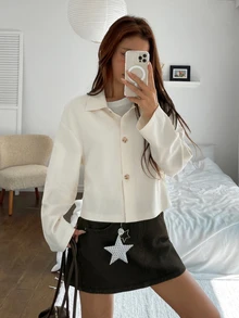 K-Vae Jaket Pendek Wanita Warna Beige Lembut dengan Kerah, Atasan Kasual Longgar Minimalis untuk Beraktivitas di Luar Rumah - Aprikot - View 7