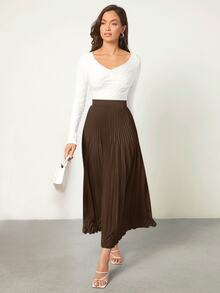 BizChic Women's Solid Color High Waist Satin Pleated Long Skirt, Workwear, Urban Commute, Minimalist Elegant Fashion Basic Style, Office Wear, Teacher Outfit, Business Casual, Old Money Style, Halloween, Back To School, Church, Special Occasion, Birthday, Wedding Guest, Party, Date, Vacation, French Vintage - Brown - View 5