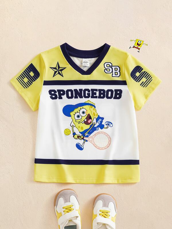 SpongeBob SquarePants | SHEIN Young Boy Letter Print V-Neck Short Sleeve Casual T-Shirt