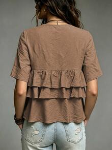 SHEIN Fiorisel Women's Solid Color Deep V-Neck Pleated Casual Versatile Everyday Blouse - Khaki - View 2